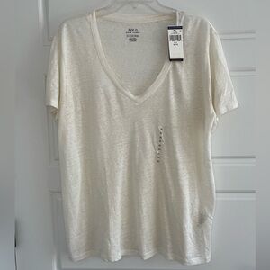 New! Polo Ralph Lauren 100% Linen Embroidered Logo White V Neck T Shirt XL🤍